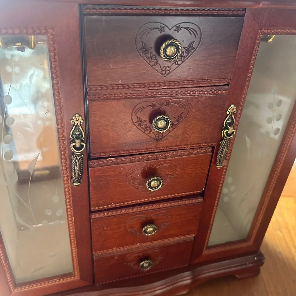 Elegant Wooden Jewelry Organizer with Glass Doors and Heart Accents